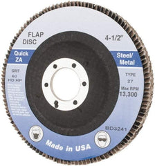 Made in USA - 60 Grit, 4-1/2" Disc Diam, 7/8" Center Hole, Type 27 Zirconia Alumina Flap Disc - Arbor Attaching System, Coated - Apex Tool & Supply