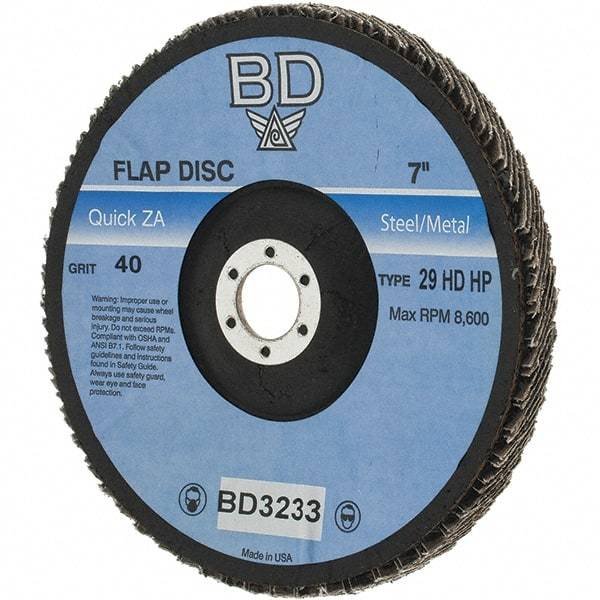 Value Collection - 40 Grit, 7" Disc Diam, 7/8" Center Hole, Type 29 Zirconia Alumina Flap Disc - Arbor Attaching System, Coated - Apex Tool & Supply