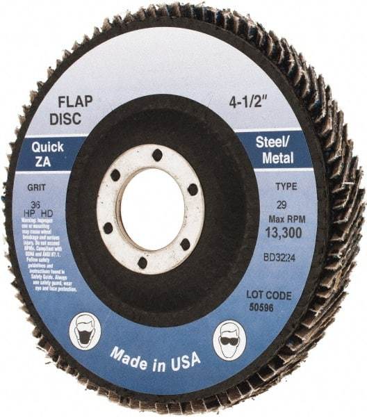 Made in USA - 36 Grit, 4-1/2" Disc Diam, 7/8" Center Hole, Type 29 Zirconia Alumina Flap Disc - Arbor Attaching System, Coated - Apex Tool & Supply