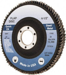 Made in USA - 36 Grit, 4-1/2" Disc Diam, 7/8" Center Hole, Type 29 Zirconia Alumina Flap Disc - Arbor Attaching System, Coated - Apex Tool & Supply