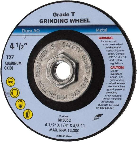 Value Collection - 24 Grit, 4-1/2" Wheel Diam, 1/4" Wheel Thickness, Type 27 Depressed Center Wheel - Aluminum Oxide, U Hardness, 13,300 Max RPM - Apex Tool & Supply