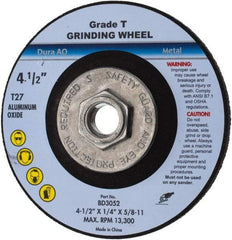 Value Collection - 24 Grit, 4-1/2" Wheel Diam, 1/4" Wheel Thickness, Type 27 Depressed Center Wheel - Aluminum Oxide, U Hardness, 13,300 Max RPM - Apex Tool & Supply