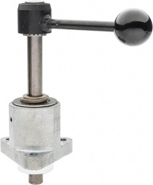 De-Sta-Co - 9,000 N Capacity, M8 Plunger, 16mm Plunger Diam, Flange Mt, One Hand, Hand Lever Actuation, Variable Stroke Straight Line Action Clamp - 60mm Max Rapid Stroke, 4mm Max Clamping Stroke, 9mm Mt Hole Diam, 73mm Overall Height, 196mm OAL - Apex Tool & Supply