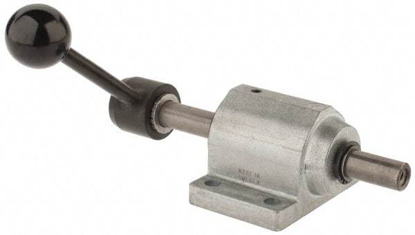 De-Sta-Co - 9,000 N Capacity, M8 Plunger, 16mm Plunger Diam, Foot Mt, One Hand, Hand Lever Actuation, Variable Stroke Straight Line Action Clamp - 60mm Max Rapid Stroke, 4mm Max Clamping Stroke, 9mm Mt Hole Diam, 90mm Overall Height, 196mm OAL - Apex Tool & Supply