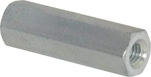 Made in USA - M6x1.00 Metric Coarse, 1-1/2" OAL Steel Standard Coupling Nut - Zinc-Plated Finish, 7/16" Width Across Flats - Apex Tool & Supply