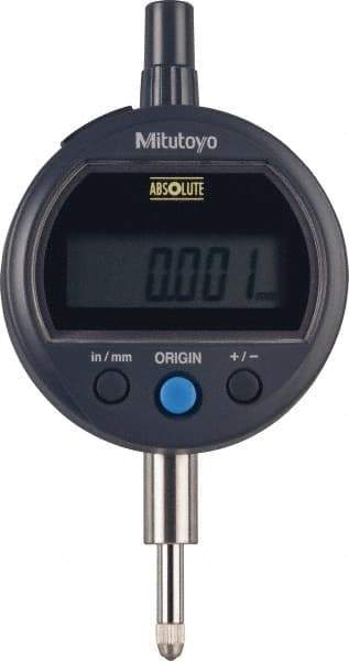 Mitutoyo - 0 to 12.7mm Range, 0.00005" Graduation, Electronic Drop Indicator - Flat Back, Accurate to 0.0001", English & Metric System, LCD Display - Apex Tool & Supply