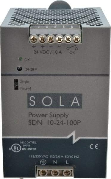 Sola/Hevi-Duty - 240 Watt, 10 Amp, 230 VAC Input, 24 VDC Output, DIN Rail Power Supply - 3.26 Inch Wide x 4.55 Inch Deep x 4.88 Inch High, Up to 88% Efficiency, 14 to 140°F, Green LED - Apex Tool & Supply