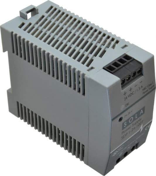 Sola/Hevi-Duty - 100 Watt, 1.30 Amp, 264 VAC, 375 VDC Input, 24 to 28 VDC Output, DIN Rail Power Supply - Screw Terminal Connection, 1 Output, 1.77 Inch Wide x 3.58 Inch Deep x 2.95 Inch High, Up to 83% Efficiency, 14 to 140°F, Green LED Display - Apex Tool & Supply