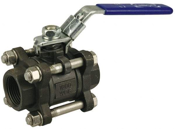 NIBCO - 1-1/2" Pipe, Full Port, Carbon Steel Standard Ball Valve - 3 Piece, Inline - One Way Flow, FNPT x FNPT Ends, Locking Lever Handle, 1,000 WOG - Apex Tool & Supply