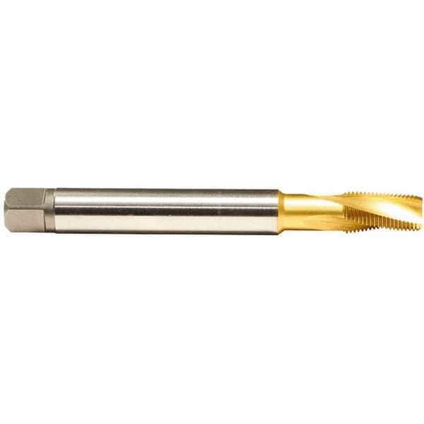 Emuge - 1/4-18 NPTF, 15° Helix, 3 Flutes, Modified Bottoming Chamfer, TiN Finish, Cobalt, Spiral Flute Pipe Tap - Right Hand Flute, 9/16" Shank Diam, 1.06" Thread Length, 0.421" Square Size, Series KEG - Apex Tool & Supply
