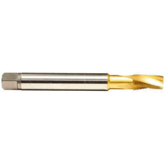 Emuge - 1/4-18 NPTF, 15° Helix, 3 Flutes, Modified Bottoming Chamfer, TiN Finish, Cobalt, Spiral Flute Pipe Tap - Right Hand Flute, 9/16" Shank Diam, 1.06" Thread Length, 0.421" Square Size, Series KEG - Apex Tool & Supply