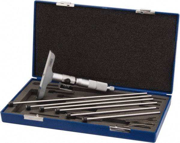 Fowler - 0 to 6" Range, 6 Rod, Satin Chrome Finish Mechanical Depth Micrometer - Ratchet Stop Thimble, 4" Base Length, 0.001" Graduation, 0.176" Rod Diam - Apex Tool & Supply