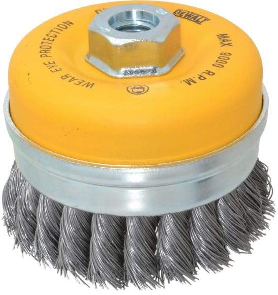 DeWALT - 4" Diam, 5/8-11 Threaded Arbor, Steel Fill Cup Brush - 0.023 Wire Diam, 9,000 Max RPM - Apex Tool & Supply