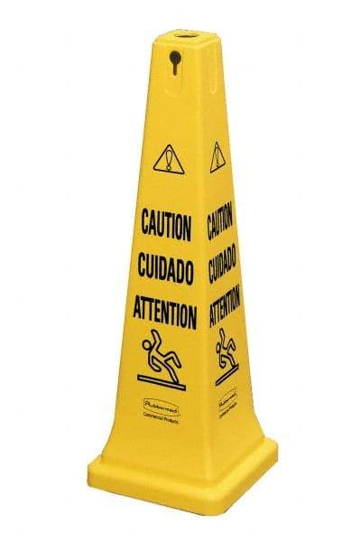 Rubbermaid - Caution, 12-1/4" Wide x 36" High, Plastic Floor Sign - Cone, Black on Yellow, For Accident Prevention - Apex Tool & Supply
