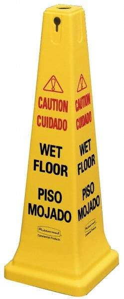 Rubbermaid - Caution - Wet Floor, 12-1/4" Wide x 36" High, Plastic Floor Sign - Cone, Black on Yellow, For Accident Prevention - Apex Tool & Supply