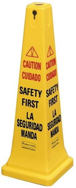 Rubbermaid - Caution - Safety First, 12-1/4" Wide x 36" High, Plastic Floor Sign - Cone, Black on Yellow, For Accident Prevention - Apex Tool & Supply