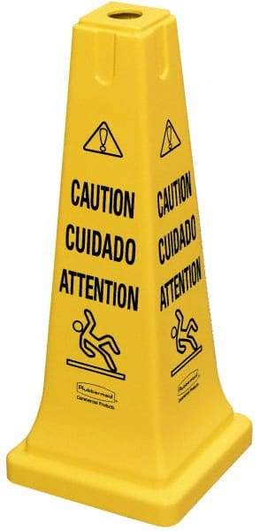 Rubbermaid - Caution, 10-1/2" Wide x 25-3/4" High, Plastic Floor Sign - Cone, Black on Yellow, For Accident Prevention - Apex Tool & Supply