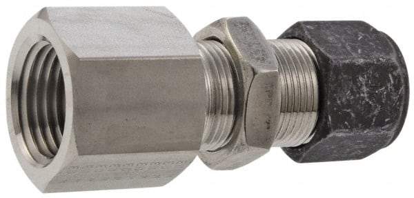 Parker - 3/8" OD, Stainless Steel Bulkhead Female Connector - 3/4" Hex, Comp x FNPT Ends - Apex Tool & Supply