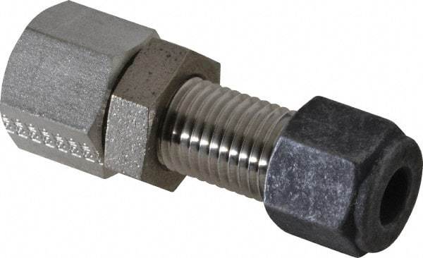 Parker - 1/4" OD, Stainless Steel Bulkhead Female Connector - 5/8" Hex, Comp x FNPT Ends - Apex Tool & Supply