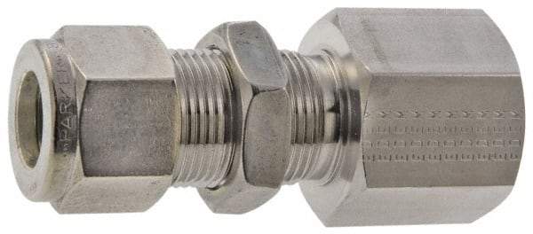 Parker - 1/2" OD, Stainless Steel Bulkhead Female Connector - -425 to 1,200°F, 15/16" Hex, Comp x FNPT Ends - Apex Tool & Supply