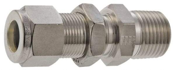 Parker - 1/8" OD, Stainless Steel Bulkhead Connector - -425 to 1,200°F, 1/2" Hex, Comp x MNPT Ends - Apex Tool & Supply