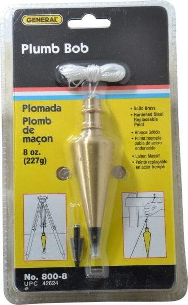 General - 4-1/2 Inch Long, 1-3/16 Inch Diameter Brass Plumb Bob - 8 Ounce, Has Replacable Tip - Apex Tool & Supply