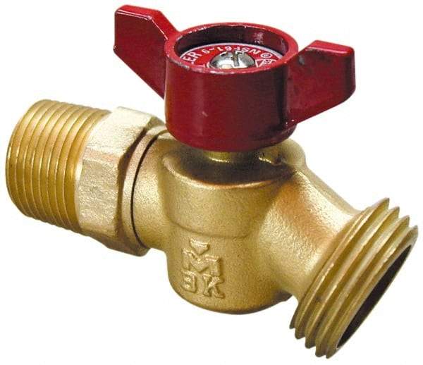 B&K Mueller - 3/4" Pipe, 125 psi WOG Rating, 1" Long Shank, Brass Hose Bibb, Stop Valve - Wing Tee Handle, MNPT x GHT End Connections - Apex Tool & Supply