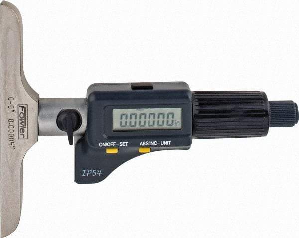 Fowler - 0 to 150mm Range, 4" Base Length, 6 Rods, Friction Thimble, Electronic Depth Micrometer - IP54, 0.00005" Resolution, 0.176" Rod Diam, 357 Battery, Data Output - Apex Tool & Supply