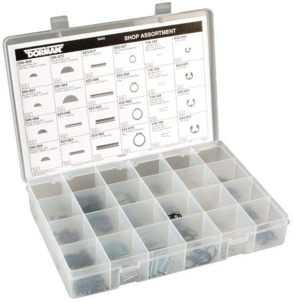 Dorman - 260 Piece E Style External Retaining Ring, Hair Pin Clip, Spring Pin & Woodruff Key Assortment - Spring Steel - Apex Tool & Supply