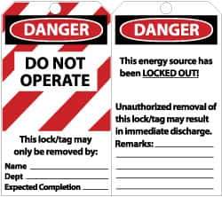 NMC - 3" High x 6" Long, DANGER - DO NOT OPERATE - THIS LOCK/TAG MAY ONLY BE REMOVED BY: NAME___ DEPT___ EXPECTED COMPLETION___, English Safety & Facility Lockout Tag - Tag Header: Danger, 2 Sides, Black, Red & White Unrippable Vinyl - Apex Tool & Supply