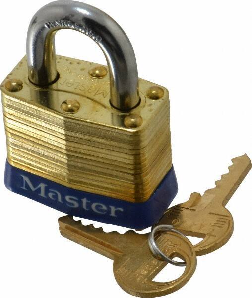 Master Lock - 3/4" Shackle Clearance, Keyed Different Laminated Brass Padlock - 9/32" Shackle Diam, Brass - Apex Tool & Supply