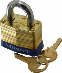 Master Lock - 3/4" Shackle Clearance, Keyed Different Laminated Brass Padlock - 9/32" Shackle Diam, Brass - Apex Tool & Supply