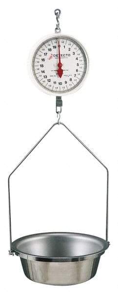 Detecto - 40 Lb. Capacity, 8 Inch Dial Hanging Scale with Stainless Steel Round Pan - 20 Lbs. Graduation, 2 Revolutions - Apex Tool & Supply