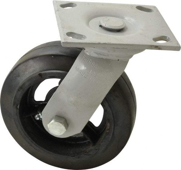 Fairbanks - 6" Diam x 2" Wide, Mold-On Rubber Swivel Caster - 675 Lb Capacity, Top Plate Mount, 4" x 4-1/2" Plate, Delrin Bearing - Apex Tool & Supply