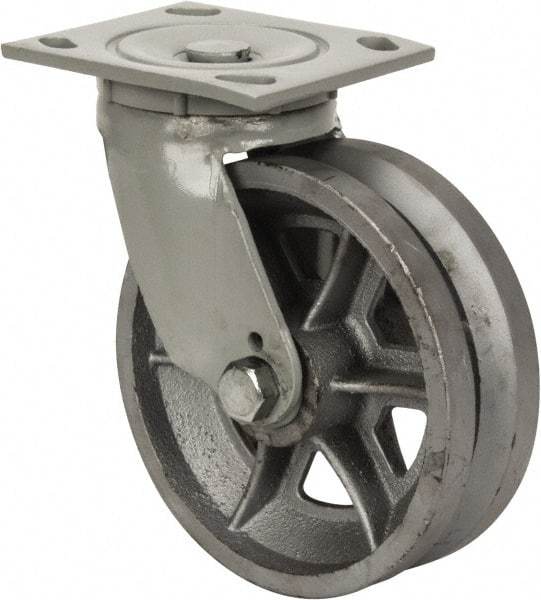 Fairbanks - 6" Diam x 2" Wide, V Groove Metal Swivel Caster - 1,200 Lb Capacity, Top Plate Mount, 4" x 4-1/2" Plate, Roller Bearing - Apex Tool & Supply