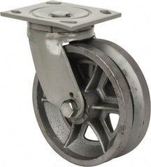Fairbanks - 6" Diam x 2" Wide, V Groove Metal Swivel Caster - 1,200 Lb Capacity, Top Plate Mount, 4" x 4-1/2" Plate, Roller Bearing - Apex Tool & Supply
