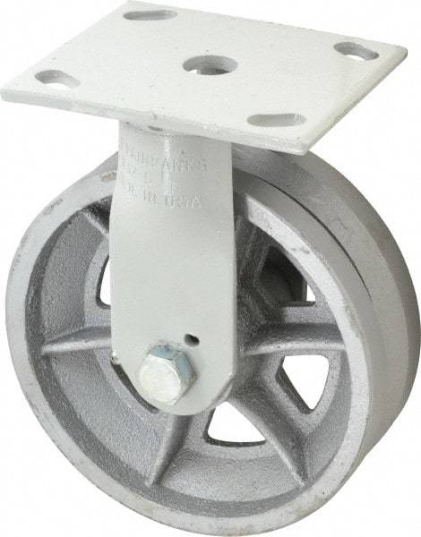 Fairbanks - 6" Diam x 2" Wide, V Groove Metal Rigid Caster - 1,200 Lb Capacity, Top Plate Mount, 4" x 4-1/2" Plate, Roller Bearing - Apex Tool & Supply