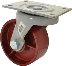 Fairbanks - 6" Diam x 2-1/2" Wide x 7-3/4" OAH Top Plate Mount Swivel Caster - Ductile Iron, 2,500 Lb Capacity, Roller Bearing, 5 x 6-1/2" Plate - Apex Tool & Supply
