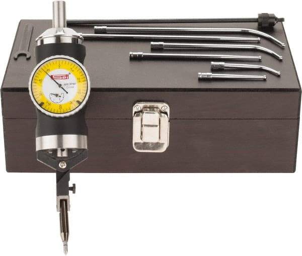SPI - 9 Piece, 0mm to 63.5mm Measuring Range, 40mm Dial Diam, 0-25-0 Dial Reading, Yellow Dial Test Indicator Kit - 0.005mm Accuracy, 2, 4 & 6" Contact Point Length, 1/8" Ball Diam, 0.01mm Dial Graduation - Apex Tool & Supply