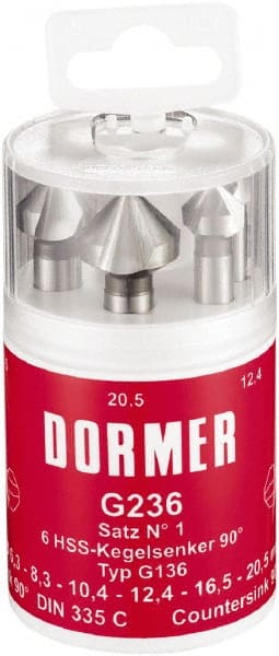 DORMER - 6 Piece, 1/4 to 0.8071" Head Diam, 90° Included Angle, Single End Countersink Set - Apex Tool & Supply