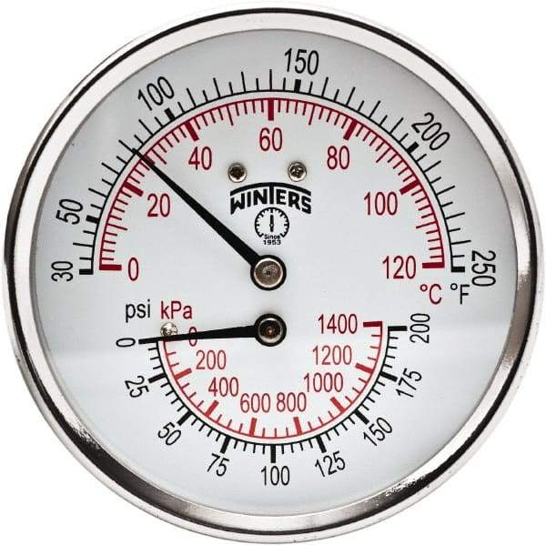 Winters - 3" Dial, 1/2 Thread, 0-200 Scale Range, Pressure Gauge - Center Back Connection Mount, Accurate to 0.03% of Scale - Apex Tool & Supply