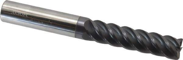 Accupro - 1/2", 5 Flute, Single End, Solid Carbide, 0.03" Corner Radius End Mill - 4" OAL, 45° Helix, Right Hand Flute, 2" LOC, Right Hand Cut - Apex Tool & Supply