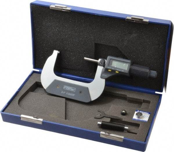 Fowler - 2 to 3 Inch Range, 0.0001 Inch Resolution, Standard Throat, IP54 Electronic Outside Micrometer - 0.0002 Inch Accuracy, Friction Thimble, 357 Battery, Data Output, Includes Case and Wrench - Apex Tool & Supply