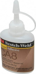 3M - 1 oz Bottle Clear Instant Adhesive - Series CA-8, 5 to 40 sec Fixture Time, 24 hr Full Cure Time, Bonds to Cardboard, Cork Board, Fabric, Fiberglass, Foam, Metal, Paper, Plastic, Rubber & Vinyl - Apex Tool & Supply