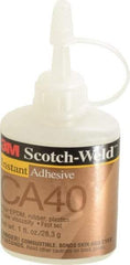 3M - 1 oz Bottle Yellow Instant Adhesive - Series CA40, 3 to 20 sec Fixture Time, 24 hr Full Cure Time, Bonds to Cardboard, Cork Board, Fabric, Fiberglass, Foam, Metal, Plastic, Rubber & Vinyl - Apex Tool & Supply