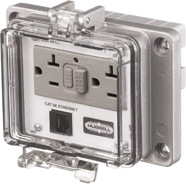 Hubbell Wiring Device-Kellems - 1 Port, 3 Power Receptacle, Ethernet, Clear Data Port Receptacle - 4.79 Inch Long x 1.61 Inch Deep x 5.08 Inch Wide, Aluminum, Surface Mount, Gray - Apex Tool & Supply