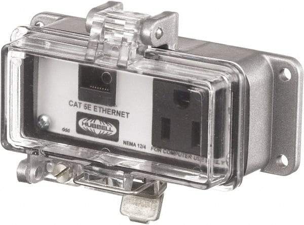 Hubbell Wiring Device-Kellems - 1 Port, 1 Power Receptacle, Ethernet, Clear Data Port Receptacle - 3.2 Inch Long x 1.6 Inch Deep x 4.45 Inch Wide, Aluminum, Surface Mount, Gray - Apex Tool & Supply