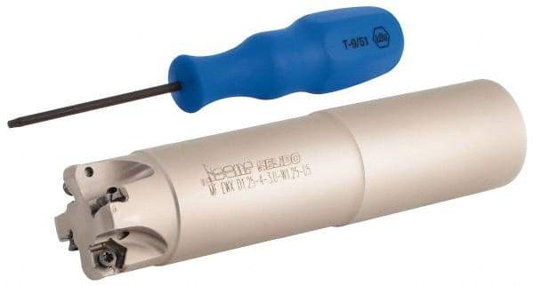 Iscar - 30° Lead Angle, 1-1/4" Max Cut Diam, 0.88" Min Cut Diam, 0.08" Max Depth of Cut, Indexable Chamfer and Angle End Mill - 4 Inserts, H600 WXCU 05 Insert Style, 5-1/2" Overall Length, Through Coolant, Straight Shank - Apex Tool & Supply