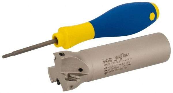 Iscar - 1-1/4" Cut Diam, 0.315" Max Depth of Cut, 1" Shank Diam, 4" OAL, Indexable Square Shoulder Helical End Mill - HM390 TPKT 1003 Inserts, Weldon Shank, 90° Lead Angle, Through Coolant, Series HeliIQMill - Apex Tool & Supply