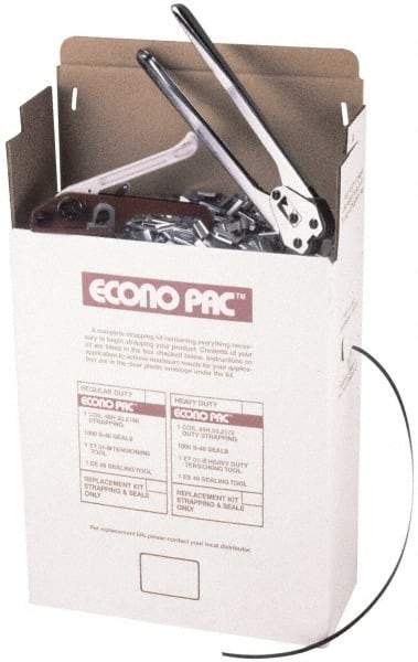Value Collection - 7,200 Inch Long x 1/2 Inch Wide x 0.025 Inch Thick, Heavy Duty Polypropylene Strapping Kit - 500 Lbs Tensile Strength, Contains Self Dispensing Box, Polypropylene Strapping, 1,000 Seals, Tensioner Tool and Crimper Tool - Apex Tool & Supply